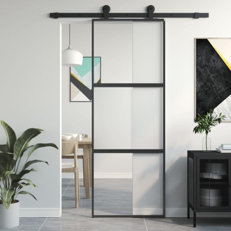 vidaXL Puerta corredera vidrio templado y aluminio negra 76x205 cm