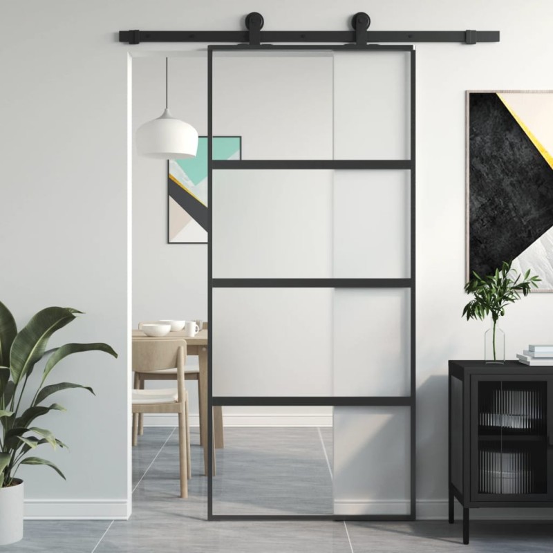 vidaXL Puerta corredera vidrio templado y aluminio negra 90x205 cm vidaXL Puerta corredera vidrio templado y aluminio negra 90x205 cm