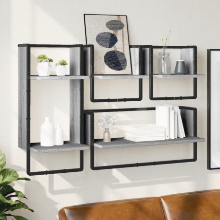 vidaXL Estantes pared con barras 4 pzas madera ingeniería gris Sonoma
