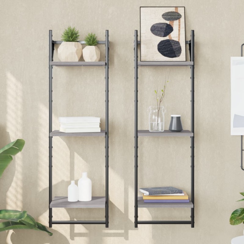 vidaXL Estantes pared 3 niveles barras 2 uds gris Sonoma 30x25x100 cm vidaXL Estantes pared 3 niveles barras 2 uds gris Sonoma 30x25x100 cm