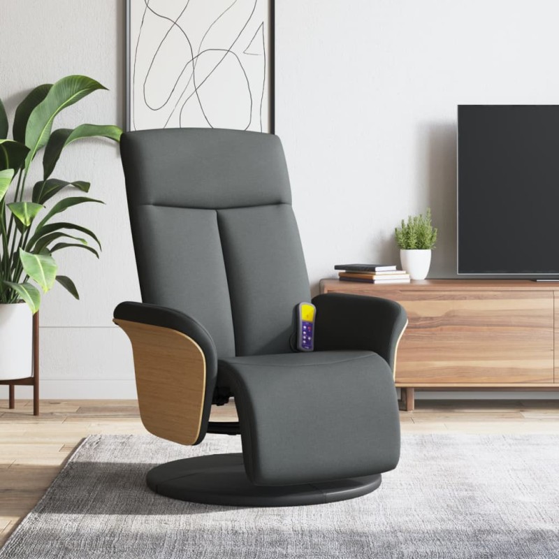vidaXL Sillón reclinable de masaje con reposapiés tela gris oscuro