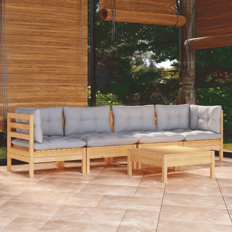 vidaXL Juego de muebles de jardín 5 pzas y cojines madera maciza pino