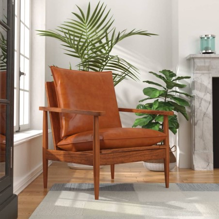 vidaXL Sillón de cuero auténtico marrón con madera de acacia  