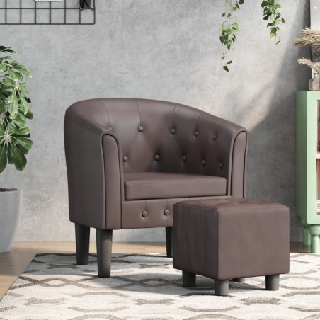 vidaXL Sillón con taburete cuero sintético marrón