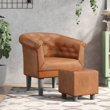 vidaXL Sillón con taburete cuero sintético marrón