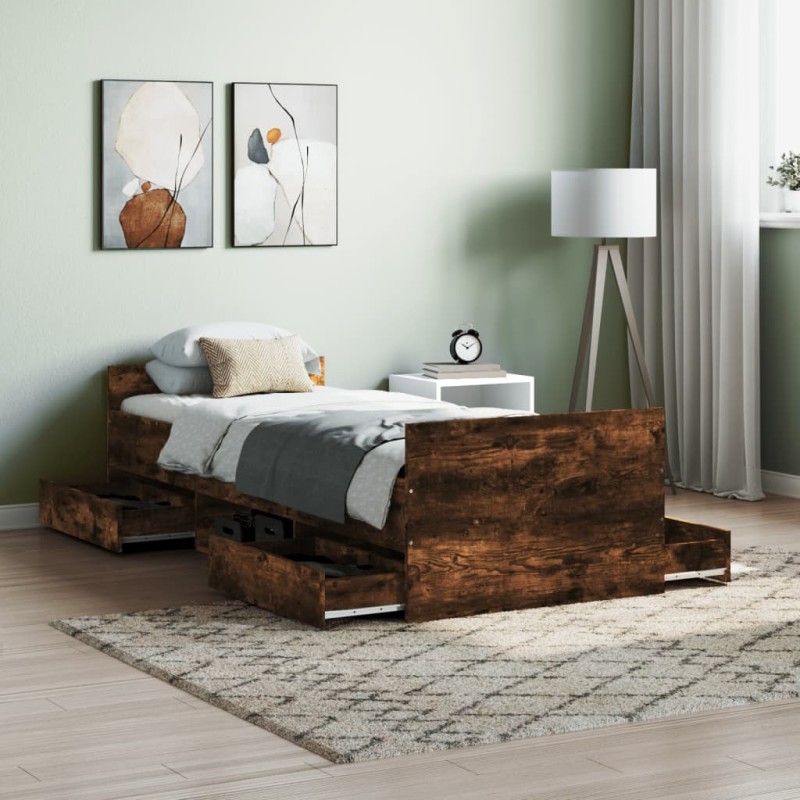 vidaXL Estructura de cama con cabecero piecero roble ahumado 75x190 cm vidaXL Estructura de cama con cabecero piecero roble ahumado 75x190 cm