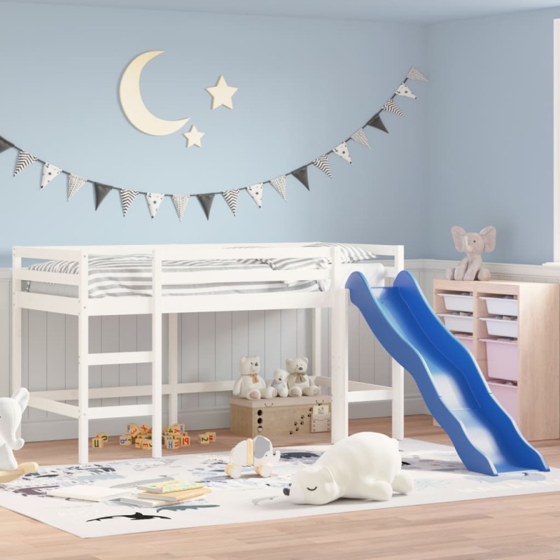 vidaXL Cama alta de niños con tobogán madera maciza blanca 90x190 cm
