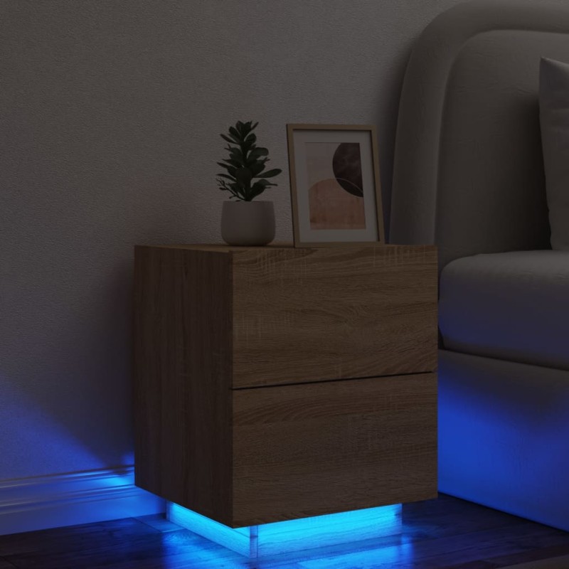 vidaXL Mesita de noche con luces LED madera de ingeniería roble Sonoma vidaXL Mesita de noche con luces LED madera de ingeniería roble Sonoma