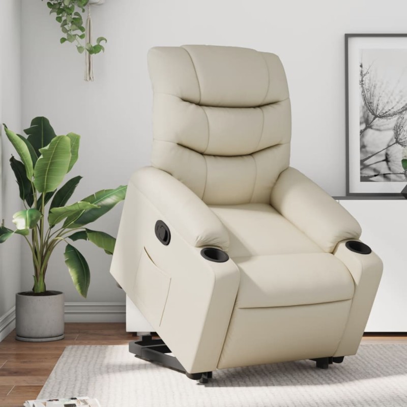 vidaXL Sillón reclinable elevable cuero artificial color crema vidaXL Sillón reclinable elevable cuero artificial color crema