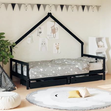 vidaXL Estructura cama infantil y cajones madera pino negro 90x190 cm