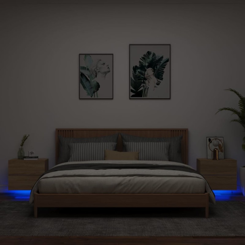 vidaXL Mesitas de noche de pared con luces LED 2 unidades roble Sonoma vidaXL Mesitas de noche de pared con luces LED 2 unidades roble Sonoma