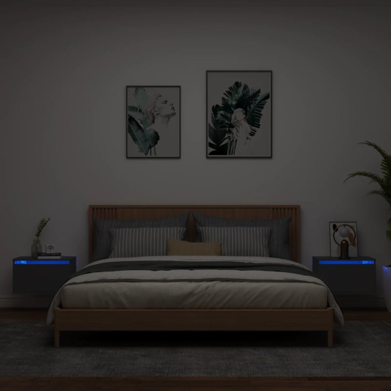 vidaXL Mesitas de noche de pared con luces LED 2 unidades negro vidaXL Mesitas de noche de pared con luces LED 2 unidades negro