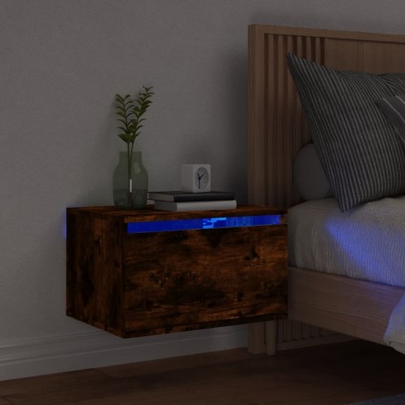 vidaXL Mesita de noche de pared con luces LED roble ahumado