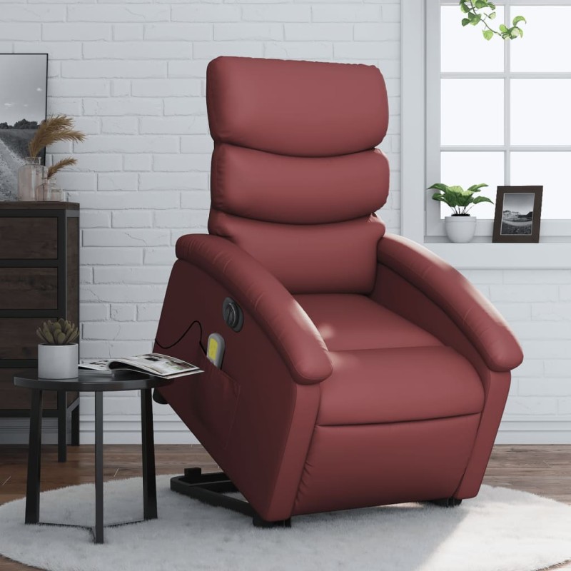 vidaXL Sillón de masaje elevable eléctrico cuero artificial rojo tinto vidaXL Sillón de masaje elevable eléctrico cuero artificial rojo tinto