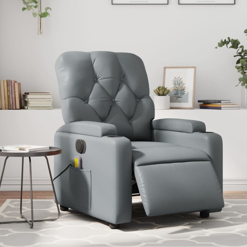 vidaXL Sillón de masaje reclinable eléctrico cuero sintético gris vidaXL Sillón de masaje reclinable eléctrico cuero sintético gris