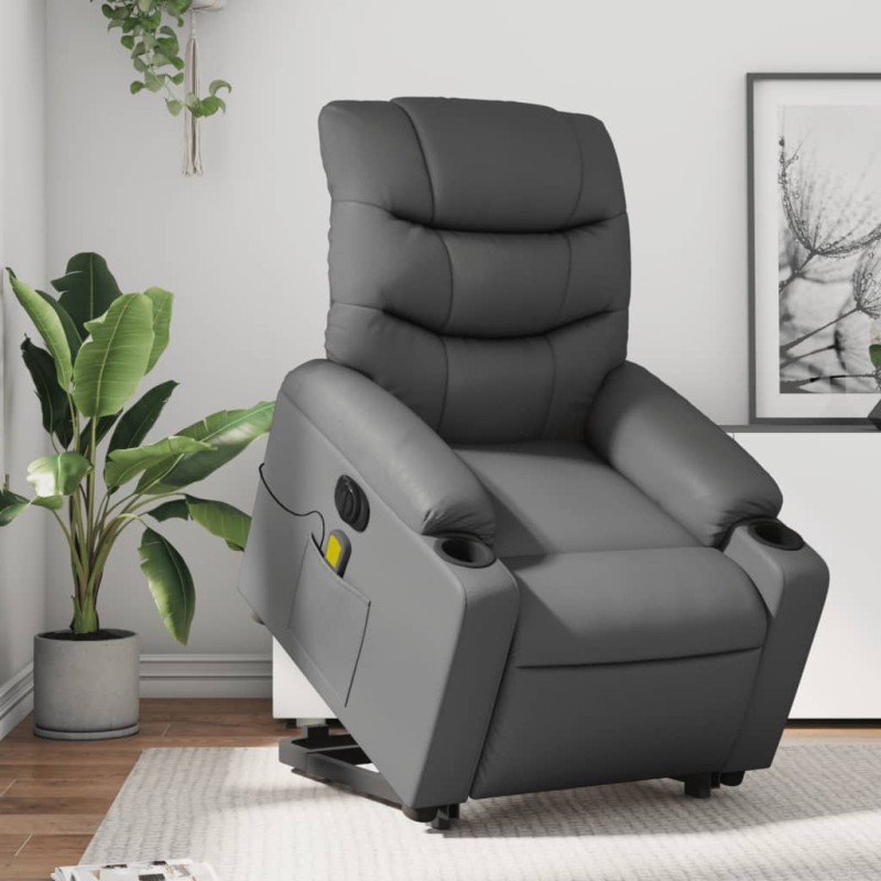 vidaXL Sillón de masaje elevable eléctrico cuero sintético gris vidaXL Sillón de masaje elevable eléctrico cuero sintético gris