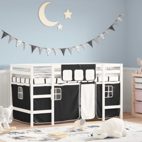 vidaXL Cama alta niños con cortinas madera pino blanco negro 90x200 cm
