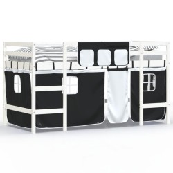 vidaXL Cama alta niños con cortinas madera pino blanco negro 90x200 cm