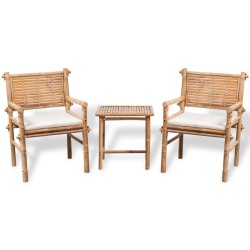 vidaXL Set mesa y sillas terraza 3 pzas con cojines bambú
