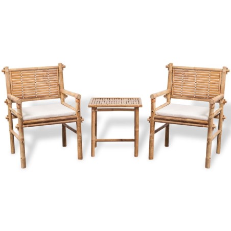 vidaXL Set mesa y sillas terraza 3 pzas con cojines bambú