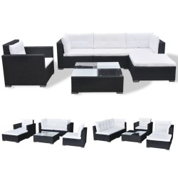vidaXL Set muebles de jardín y cojines 6 piezas ratán sintético negro