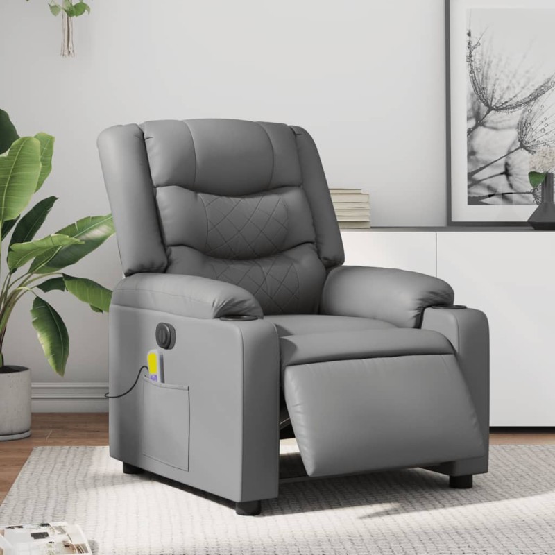 vidaXL Sillón de masaje reclinable eléctrico cuero sintético gris vidaXL Sillón de masaje reclinable eléctrico cuero sintético gris