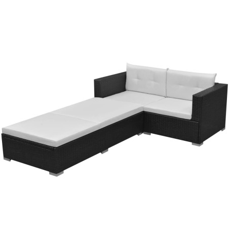 vidaXL Set de muebles de jardín 3 piezas y cojines ratán sintético negro