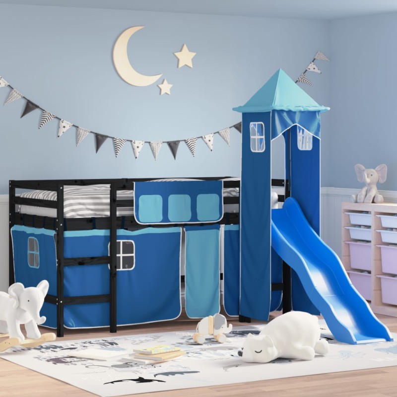 vidaXL Cama alta para niños con torre madera pino azul 90x200 cm vidaXL Cama alta para niños con torre madera pino azul 90x200 cm