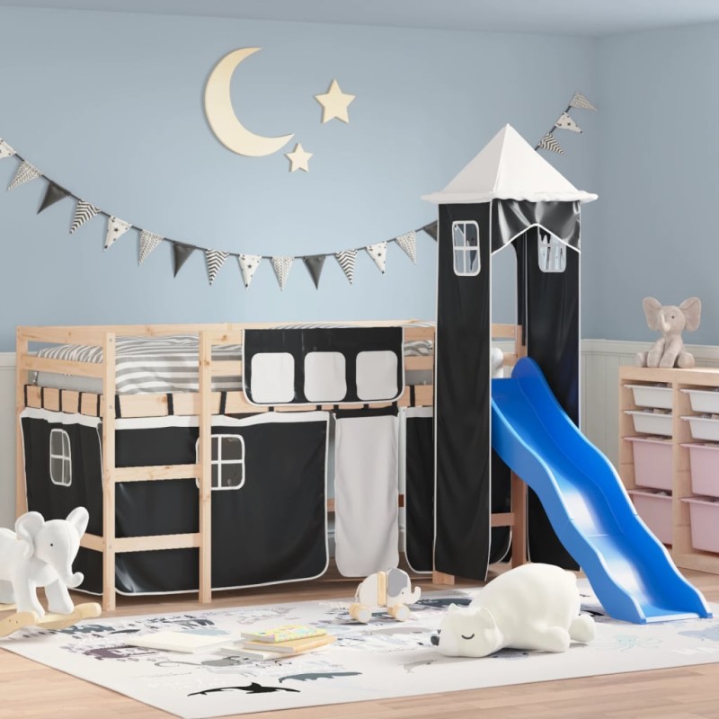 vidaXL Cama alta niños con torre madera pino blanco negro 90x200 cm vidaXL Cama alta niños con torre madera pino blanco negro 90x200 cm