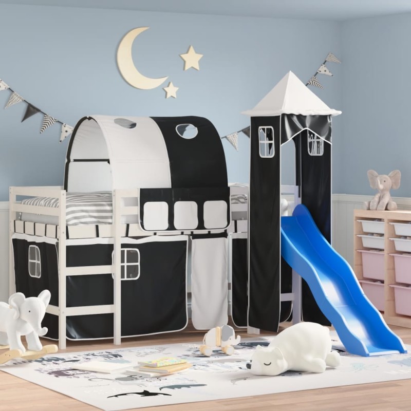 vidaXL Cama alta niños con torre madera pino blanco negro 80x200 cm vidaXL Cama alta niños con torre madera pino blanco negro 80x200 cm