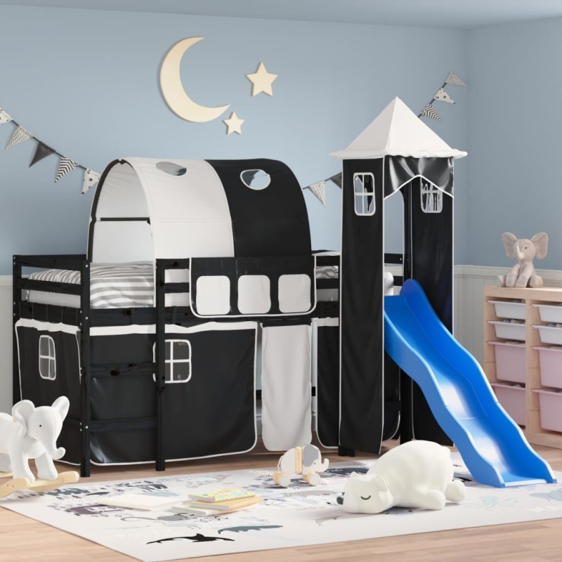 vidaXL Cama alta niños con torre madera pino blanco negro 90x190 cm vidaXL Cama alta niños con torre madera pino blanco negro 90x190 cm