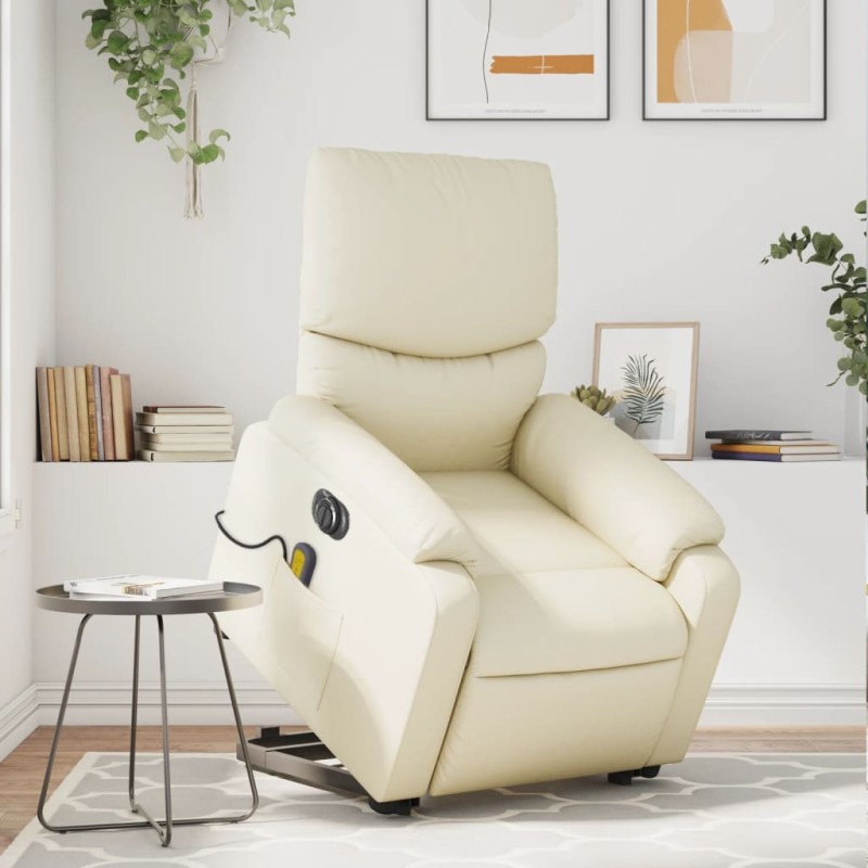 vidaXL Sillón de masaje elevable eléctrico cuero sintético crema vidaXL Sillón de masaje elevable eléctrico cuero sintético crema