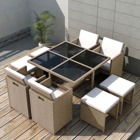 vidaXL Set comedor de jardín 9 piezas y cojines ratán sintético beige