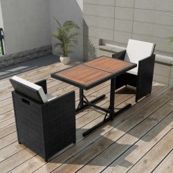 vidaXL Mesa y sillas bistró de jardín 3 pzs y cojines poli ratán negro