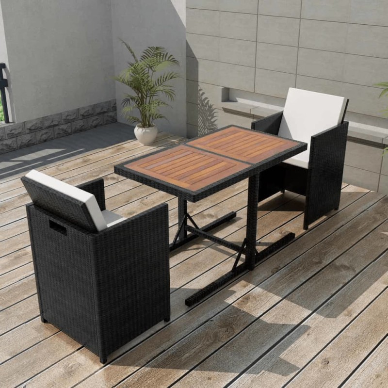 vidaXL Mesa y sillas bistró de jardín 3 pzs y cojines poli ratán negro vidaXL Mesa y sillas bistró de jardín 3 pzs y cojines poli ratán negro