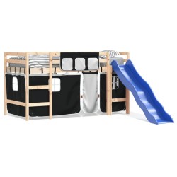 vidaXL Cama alta niños con cortinas madera pino blanco negro 90x200 cm