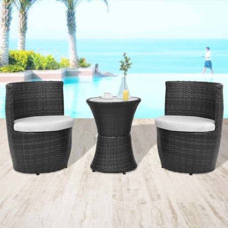 vidaXL Set mesa y sillas de jardín 3 pzas y cojines poli ratán negro