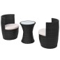 vidaXL Set mesa y sillas de jardín 3 pzas y cojines poli ratán negro