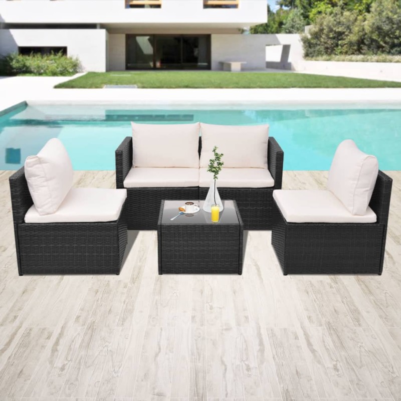 vidaXL Set muebles de jardín 5 piezas y cojines ratán sintético negro vidaXL Set muebles de jardín 5 piezas y cojines ratán sintético negro