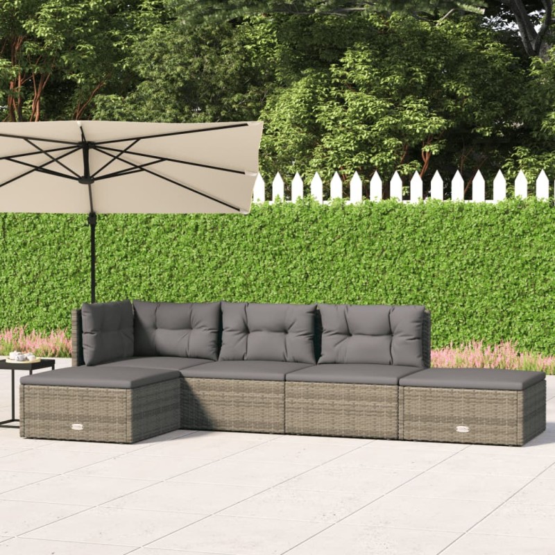 vidaXL Set de muebles de jardín 5 pzas y cojines ratán sintético gris vidaXL Set de muebles de jardín 5 pzas y cojines ratán sintético gris