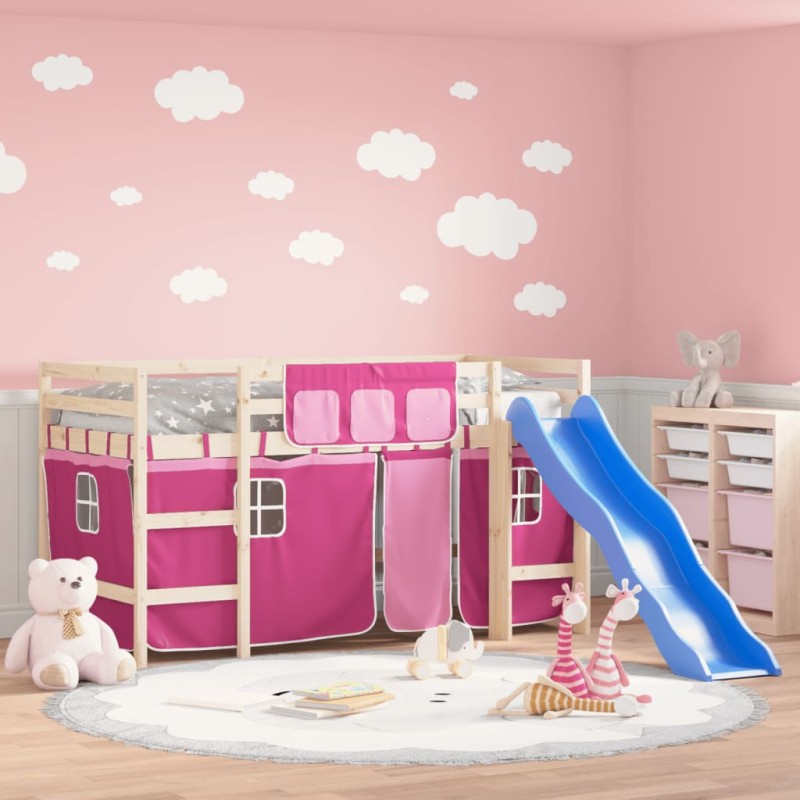 vidaXL Cama alta para niños con cortinas madera pino rosa 80x200 cm vidaXL Cama alta para niños con cortinas madera pino rosa 80x200 cm