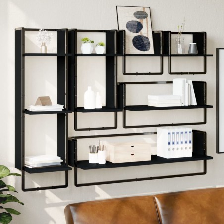 vidaXL Estantes de pared con barras 6 pzas madera de ingeniería negro