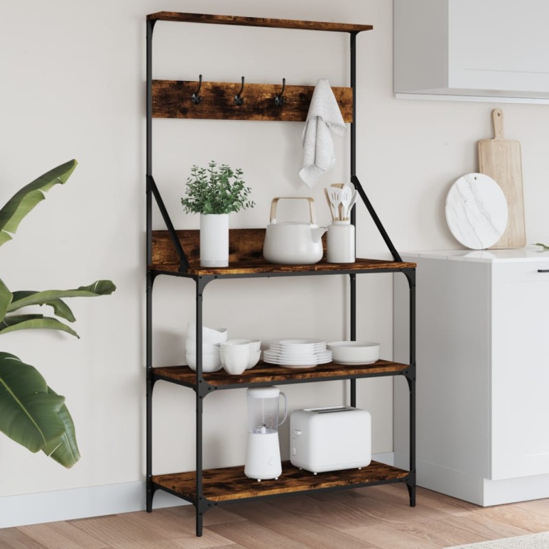 vidaXL Estantería cocina con ganchos madera ingeniería roble ahumado