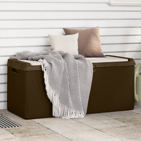 vidaXL Caja de almacenaje jardín con cojín de asiento PP marrón 350 L