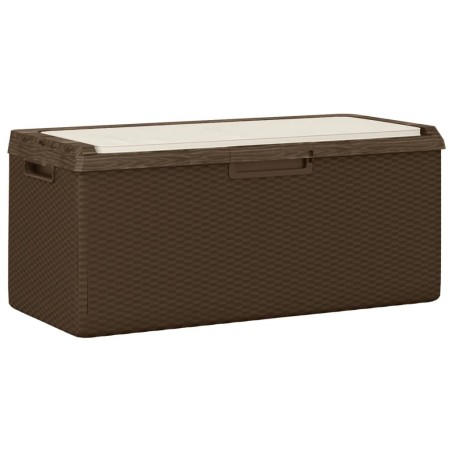 vidaXL Caja de almacenaje jardín con cojín de asiento PP marrón 350 L