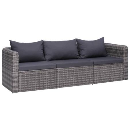 vidaXL Set de sofás de jardín 3 piezas y cojines ratán sintético gris