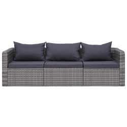 vidaXL Set de sofás de jardín 3 piezas y cojines ratán sintético gris