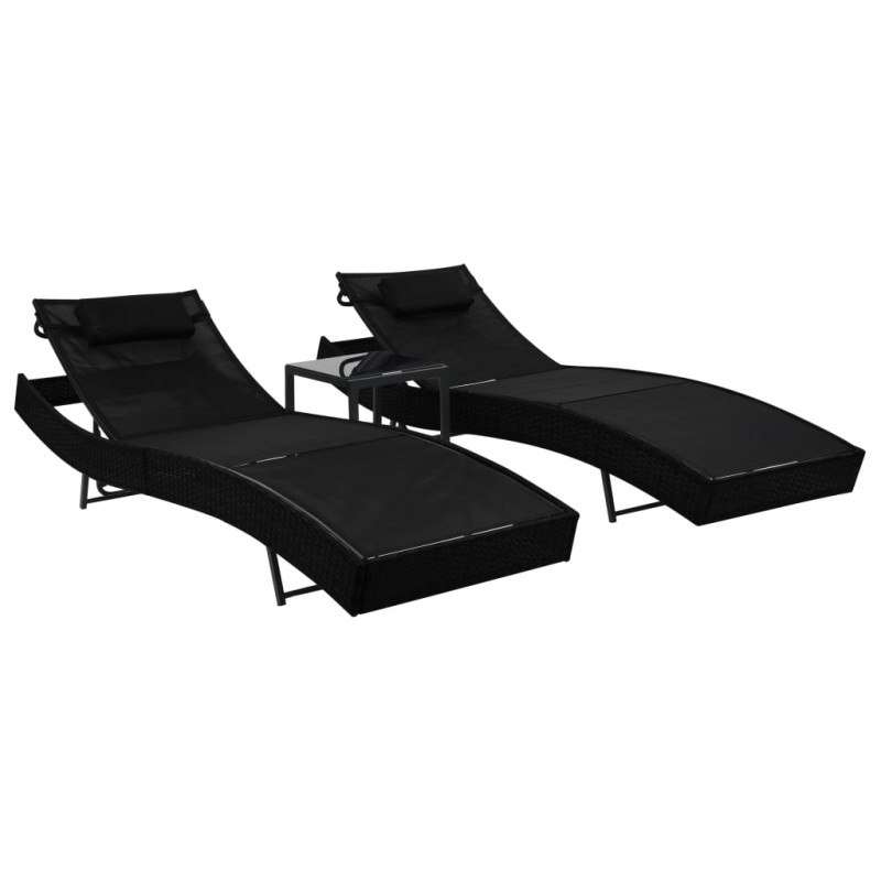 vidaXL Tumbonas con mesita 2 unidades ratán sintético textilene negro vidaXL Tumbonas con mesita 2 unidades ratán sintético textilene negro
