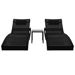 vidaXL Tumbonas con mesita 2 unidades ratán sintético textilene negro