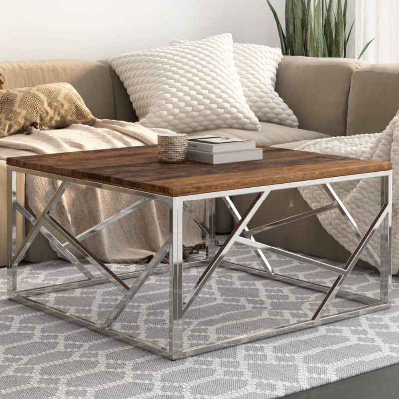 vidaXL Mesa de centro de acero inoxidable plateado y madera maciza vidaXL Mesa de centro de acero inoxidable plateado y madera maciza
